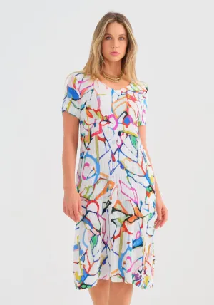 Abstract Print Dress with V-Neck and Pockets