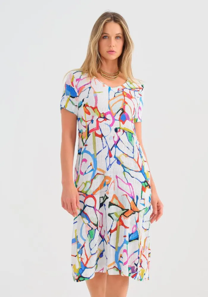 Abstract Print Dress with V-Neck and Pockets
