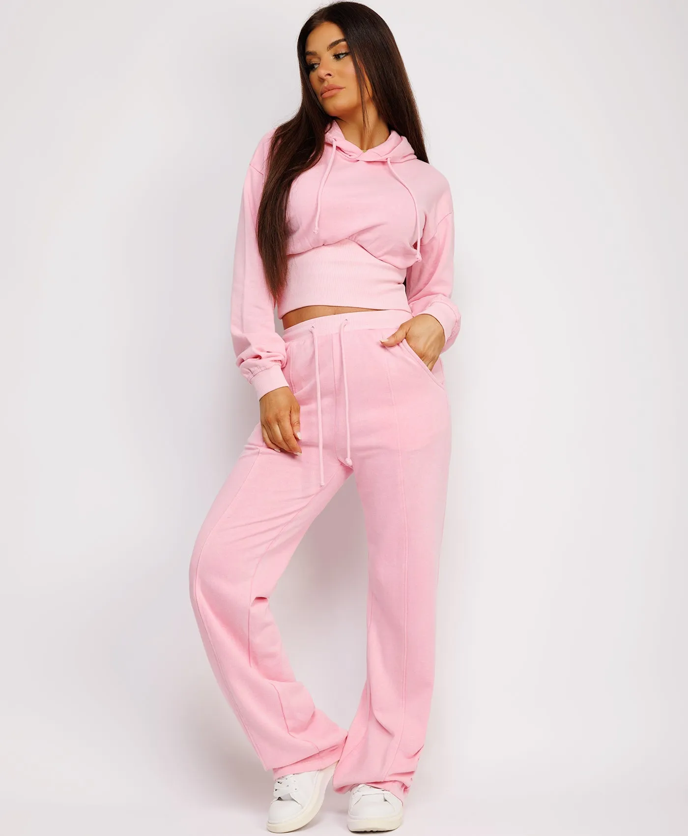 Baby Pink Acid Wash Ribbed High Hem Hoodie & Lined Straight Joggers