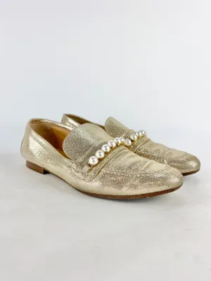 Bianca Buccheri Metallic Gold Pearl Detail Loafers - EU39