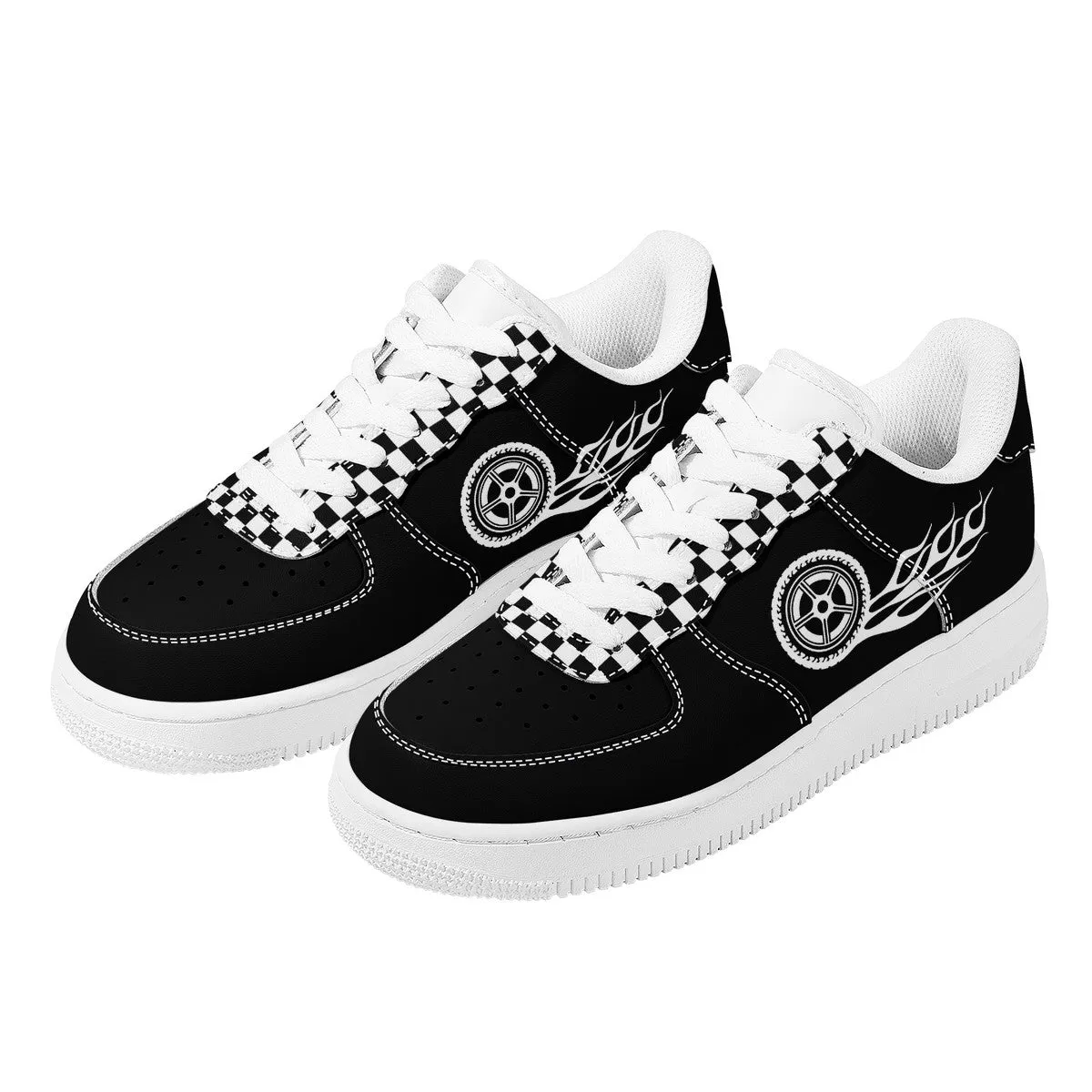Black & White Checked with Tire and Flames Racing Themed Unisex Air Force Sneakers
