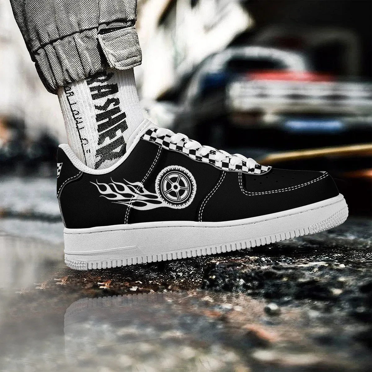 Black & White Checked with Tire and Flames Racing Themed Unisex Air Force Sneakers