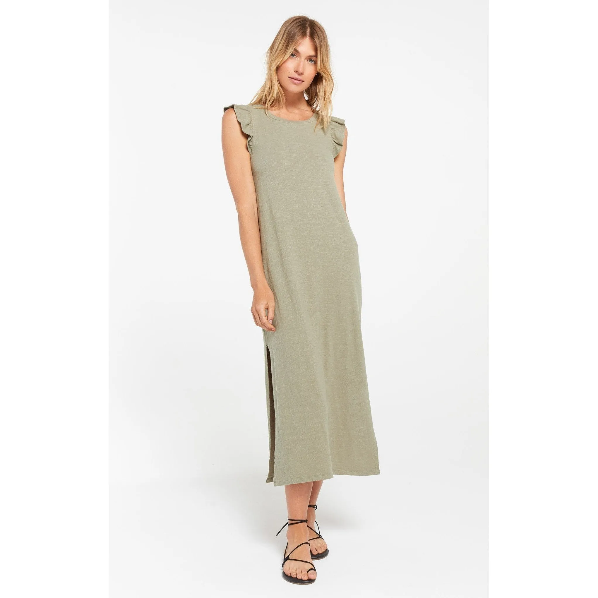 Blakely Slub Ruffle Dress in Meadow Green