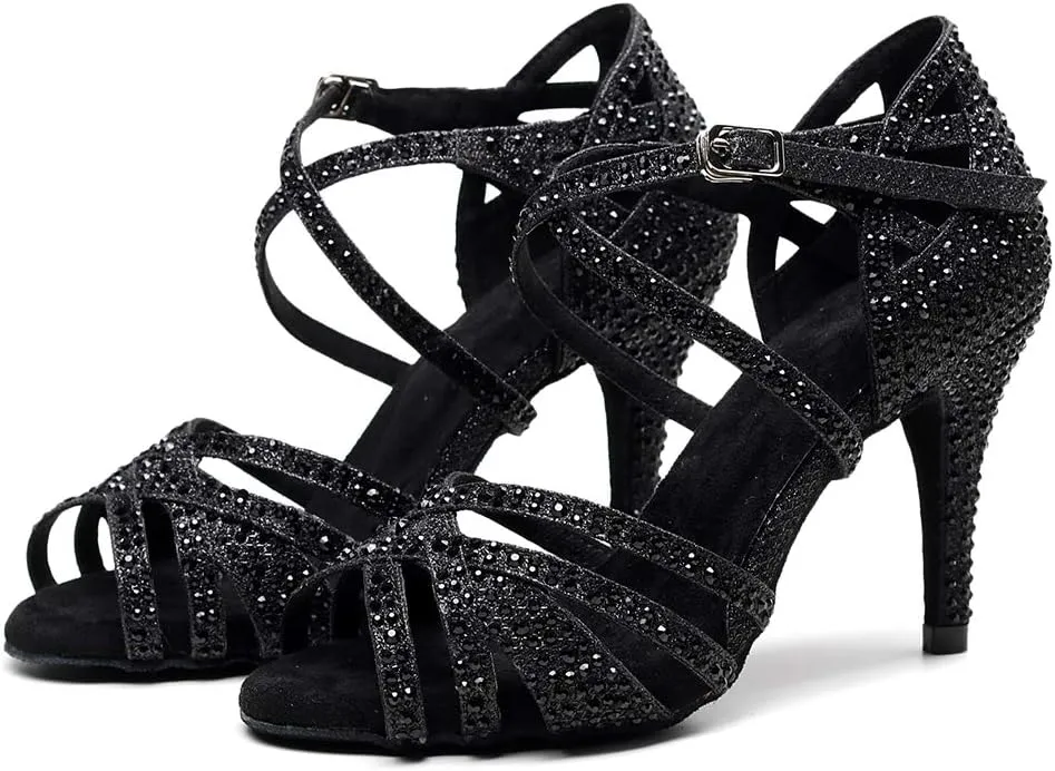 DKZSYIM Women Rhinestone Latin Ballroom Dance Shoes Bachata Salsa Practice Performance Dance Shoes,Model QJW7169