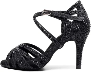 DKZSYIM Women Rhinestone Latin Ballroom Dance Shoes Bachata Salsa Practice Performance Dance Shoes,Model QJW7169