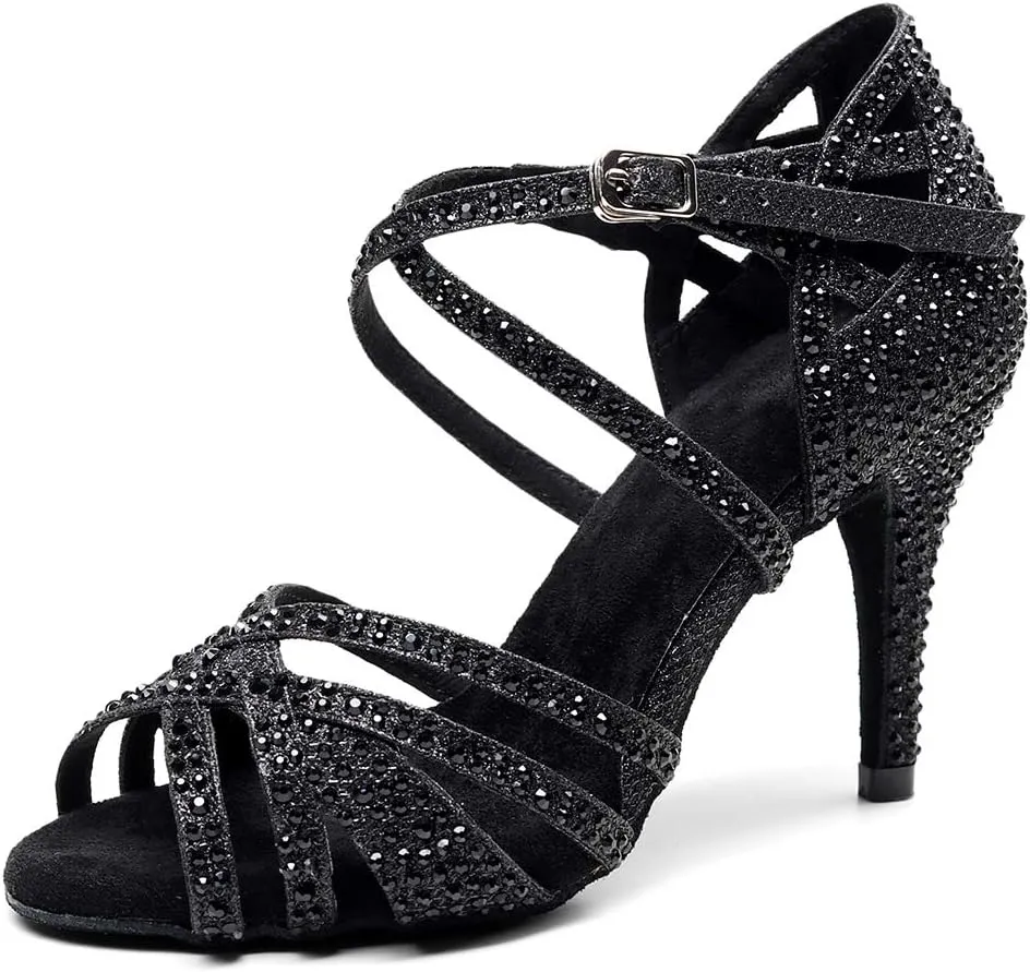 DKZSYIM Women Rhinestone Latin Ballroom Dance Shoes Bachata Salsa Practice Performance Dance Shoes,Model QJW7169
