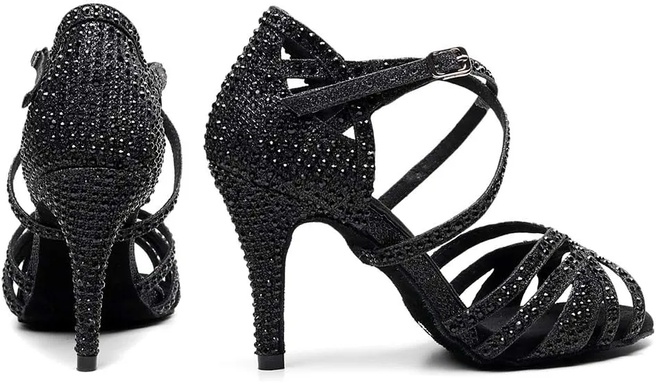 DKZSYIM Women Rhinestone Latin Ballroom Dance Shoes Bachata Salsa Practice Performance Dance Shoes,Model QJW7169