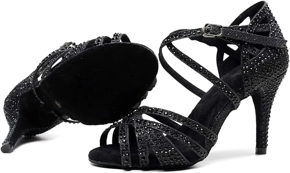DKZSYIM Women Rhinestone Latin Ballroom Dance Shoes Bachata Salsa Practice Performance Dance Shoes,Model QJW7169