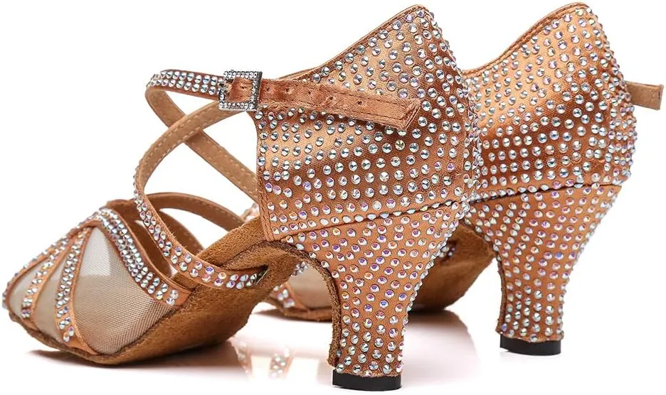 DKZSYIM Women Rhinestone Latin Ballroom Dance Shoes Bachata Salsa Practice Performance Dance Shoes,Model YCL424