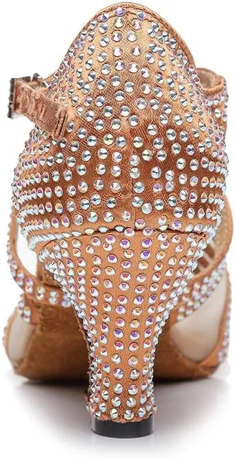 DKZSYIM Women Rhinestone Latin Ballroom Dance Shoes Bachata Salsa Practice Performance Dance Shoes,Model YCL424