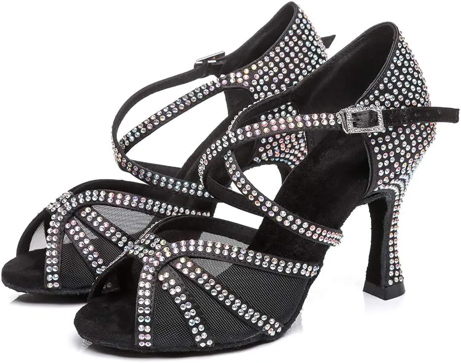 DKZSYIM Women Rhinestone Latin Ballroom Dance Shoes Bachata Salsa Practice Performance Dance Shoes,Model YCL424