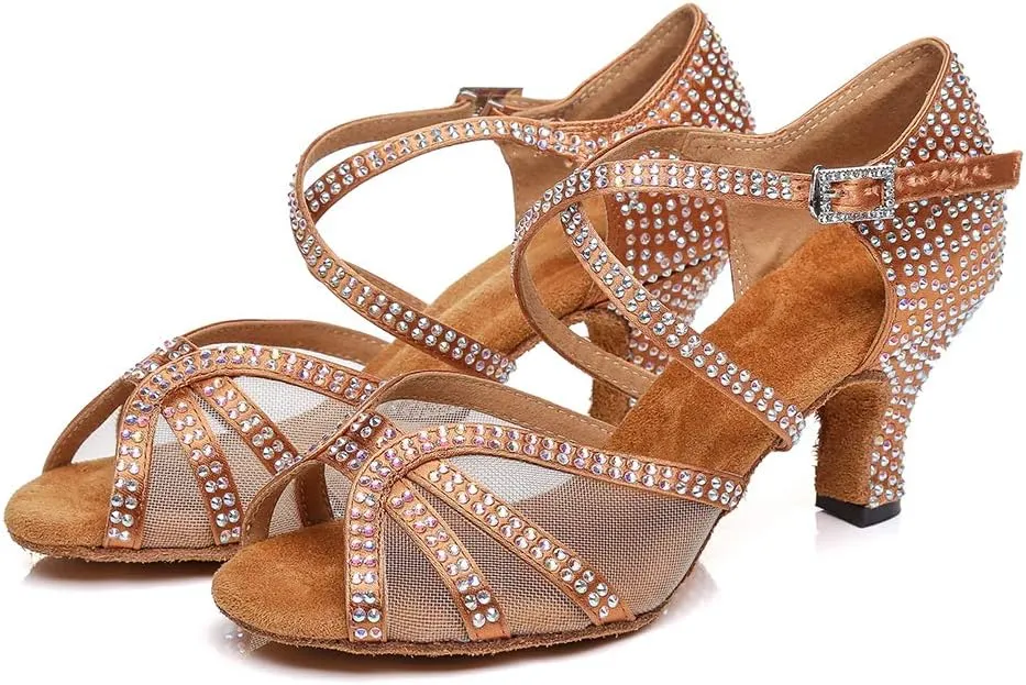 DKZSYIM Women Rhinestone Latin Ballroom Dance Shoes Bachata Salsa Practice Performance Dance Shoes,Model YCL424