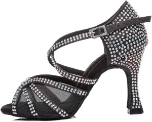 DKZSYIM Women Rhinestone Latin Ballroom Dance Shoes Bachata Salsa Practice Performance Dance Shoes,Model YCL424