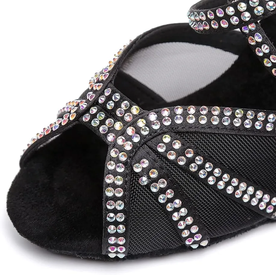 DKZSYIM Women Rhinestone Latin Ballroom Dance Shoes Bachata Salsa Practice Performance Dance Shoes,Model YCL424