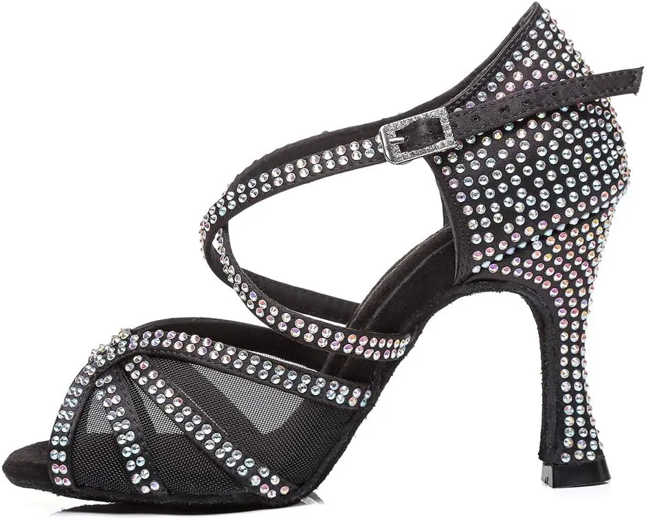 DKZSYIM Women Rhinestone Latin Ballroom Dance Shoes Bachata Salsa Practice Performance Dance Shoes,Model YCL424