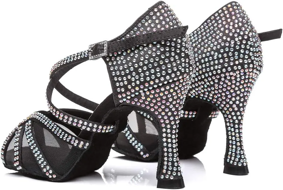 DKZSYIM Women Rhinestone Latin Ballroom Dance Shoes Bachata Salsa Practice Performance Dance Shoes,Model YCL424