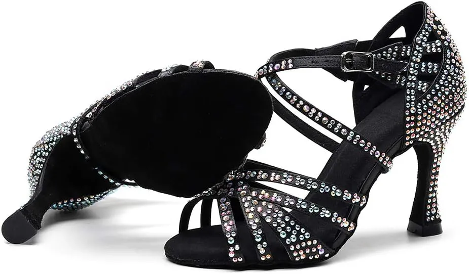 DKZSYIM Women's Satin Latin Dance Shoes Rhinestone Ballroom Salsa Performance Practice Dancing Shoes,Model QJW1046DZ