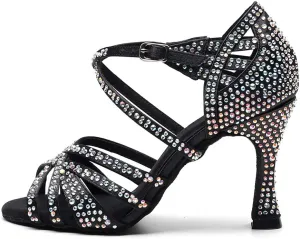 DKZSYIM Women's Satin Latin Dance Shoes Rhinestone Ballroom Salsa Performance Practice Dancing Shoes,Model QJW1046DZ