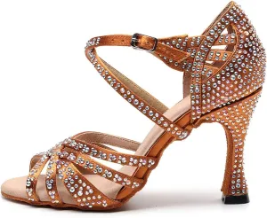 DKZSYIM Women's Satin Latin Dance Shoes Rhinestone Ballroom Salsa Performance Practice Dancing Shoes,Model QJW1046DZ