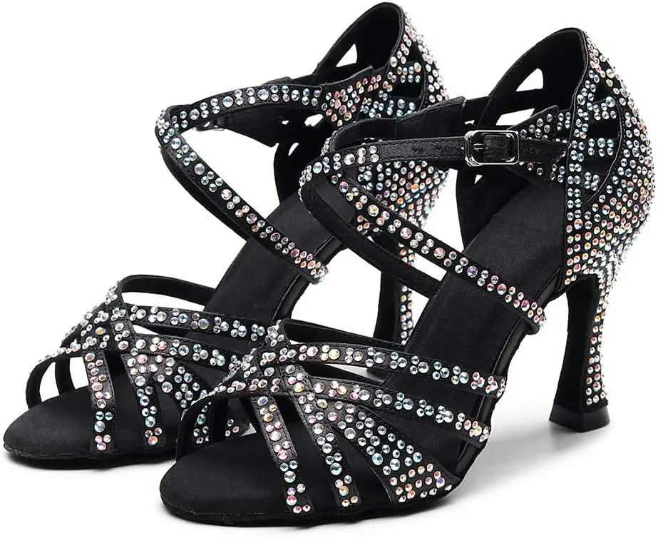 DKZSYIM Women's Satin Latin Dance Shoes Rhinestone Ballroom Salsa Performance Practice Dancing Shoes,Model QJW1046DZ