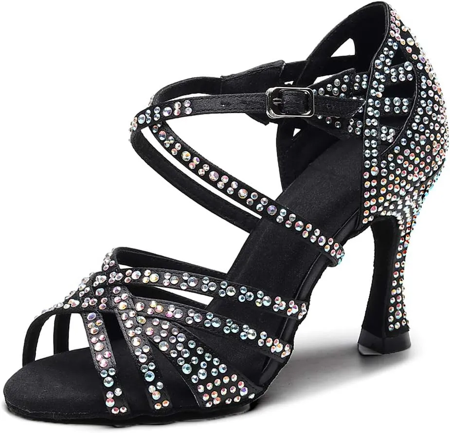 DKZSYIM Women's Satin Latin Dance Shoes Rhinestone Ballroom Salsa Performance Practice Dancing Shoes,Model QJW1046DZ