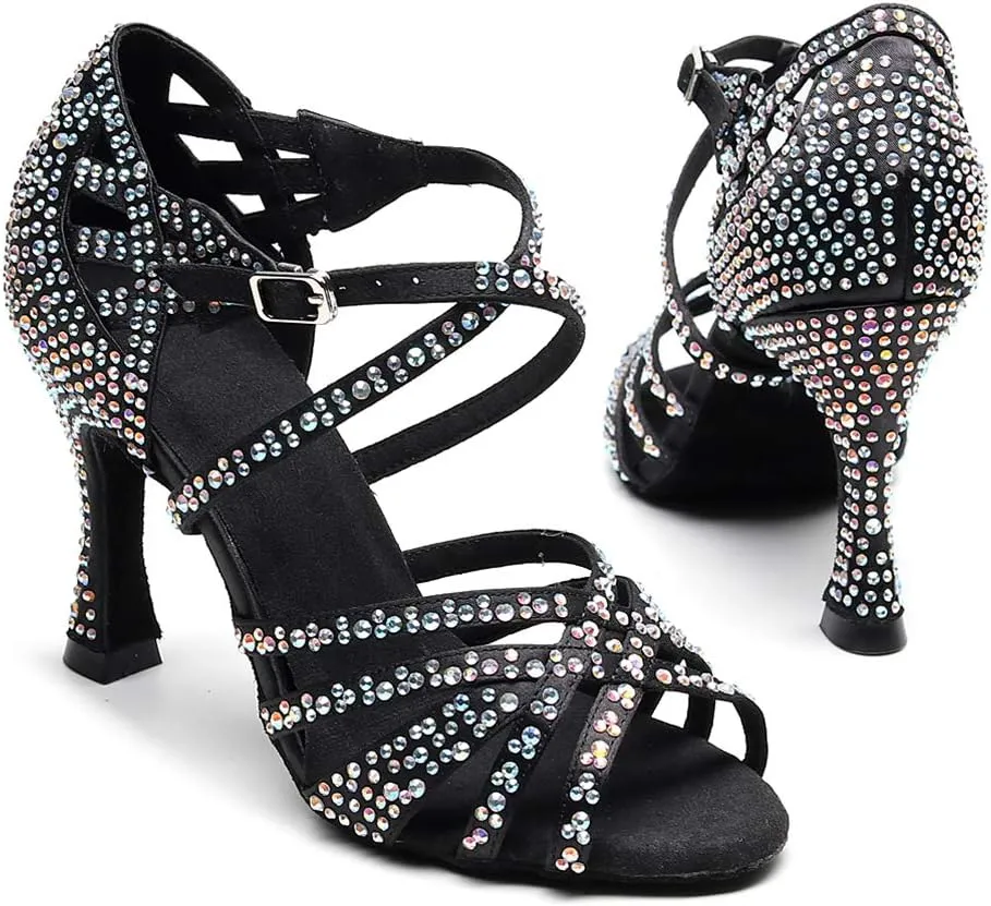 DKZSYIM Women's Satin Latin Dance Shoes Rhinestone Ballroom Salsa Performance Practice Dancing Shoes,Model QJW1046DZ