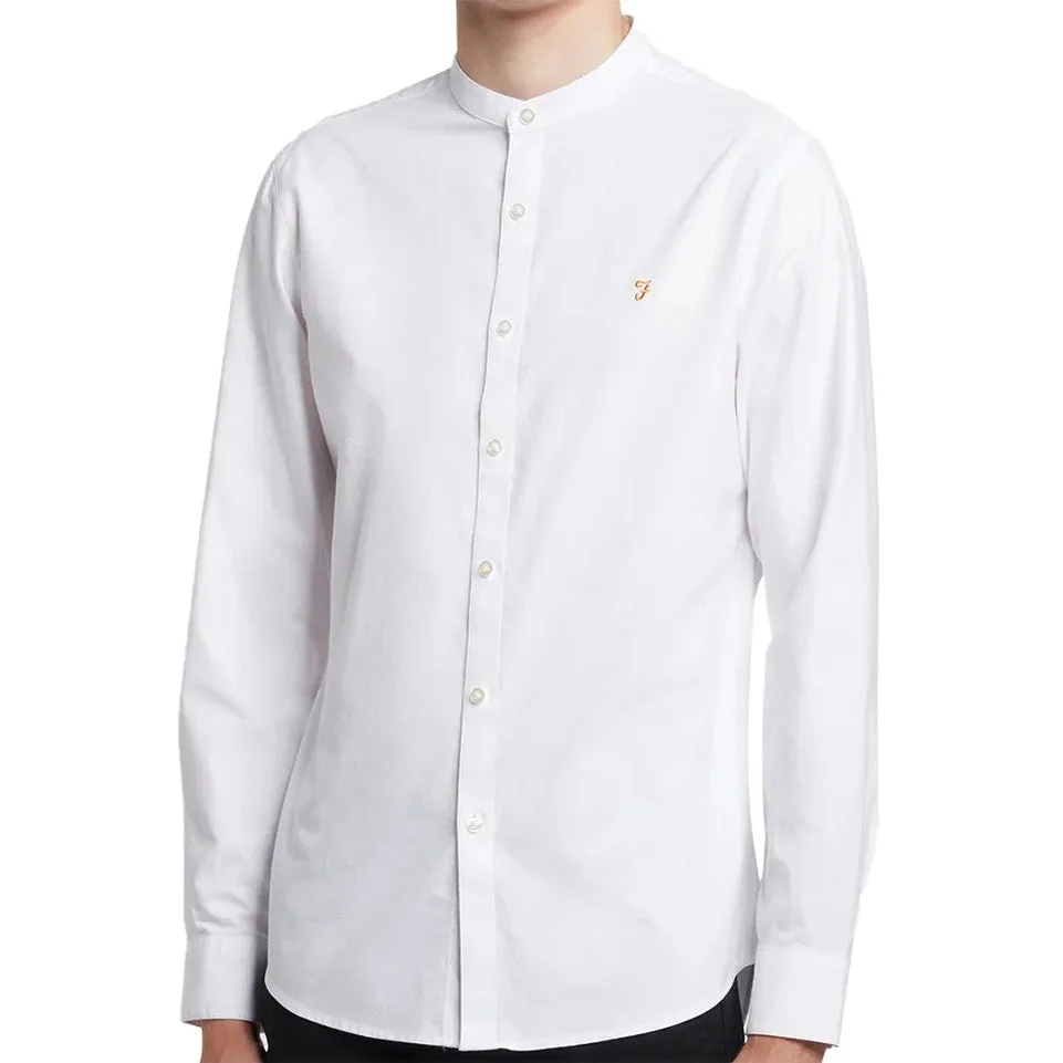 Farah Mens Brewer Slim Fit Long Sleeve Organic Cotton Grandad Shirt White