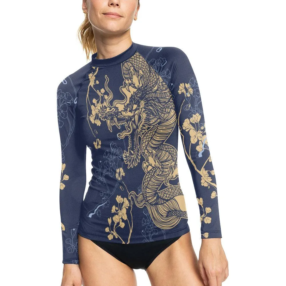 Flower Chinese Dragon Women's Long Sleeve Rash Guard