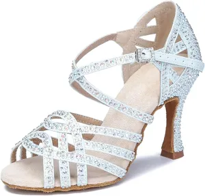 Indoor Latin Dance Shoes - Soft Sole Rhinestone Sandals for Salsa Performance (9CM/3.54")