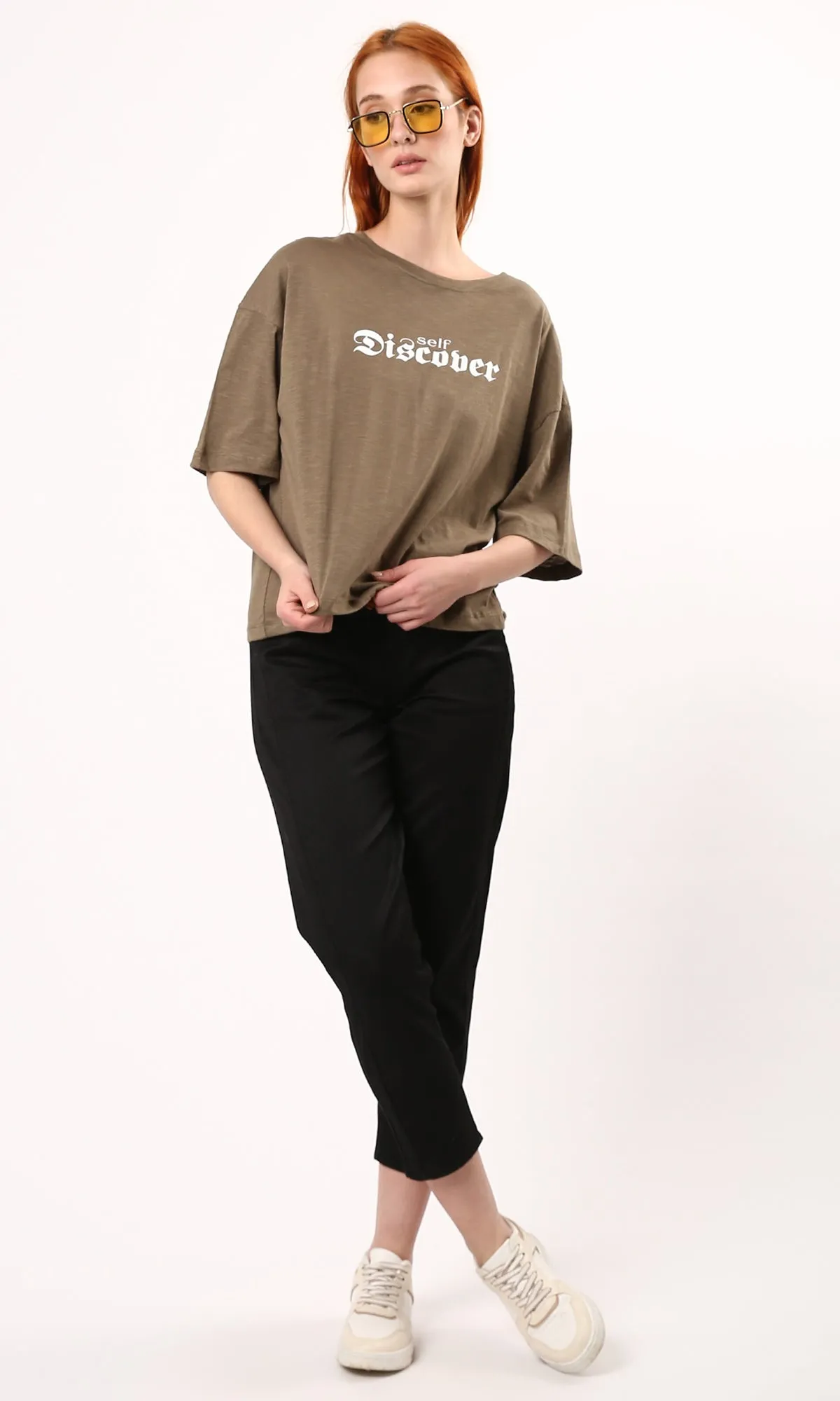 O182841 "Self Discover" Printed Heather Mocha Relaxed Tee