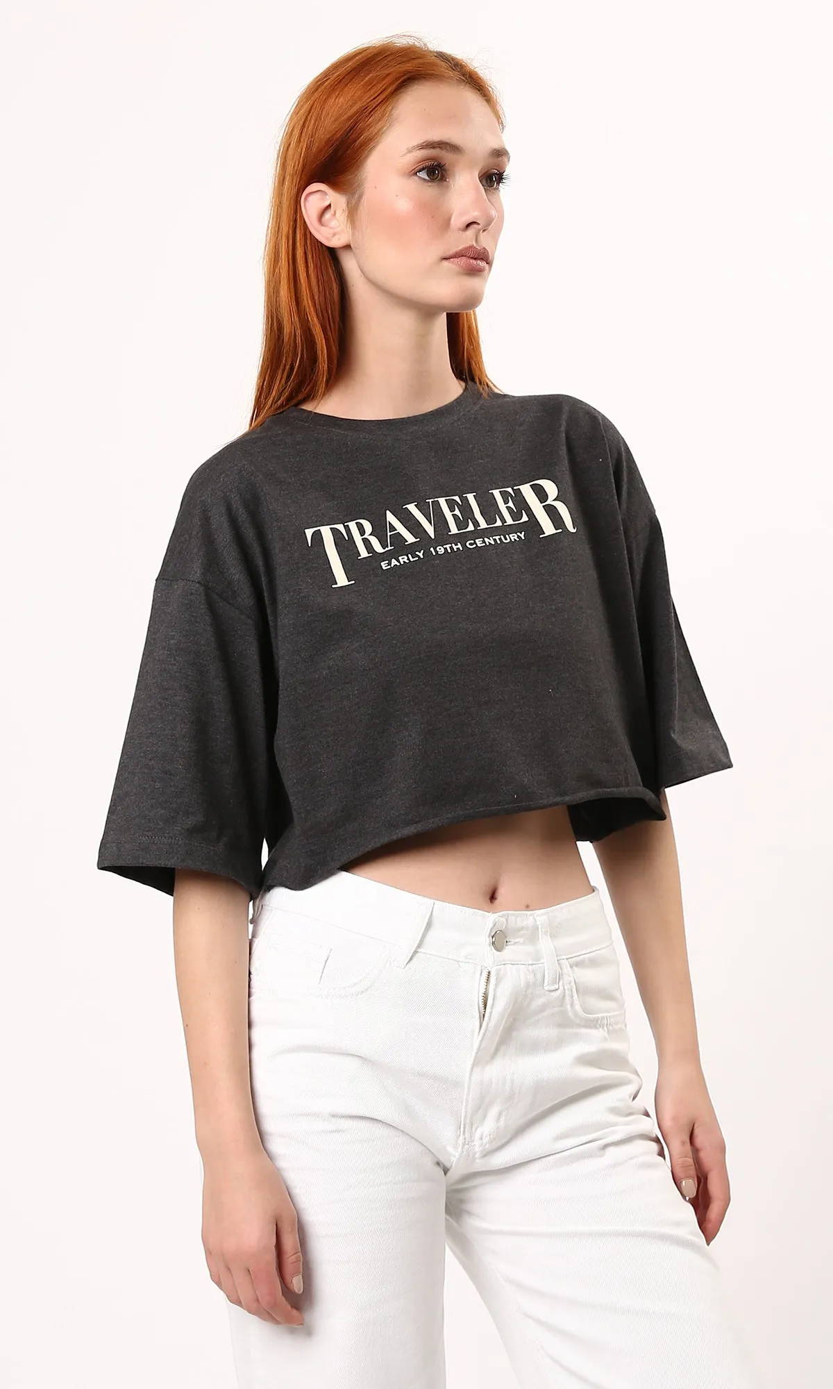O183089 Elbow-Sleeves Dark Grey Tee With Front & Back Print