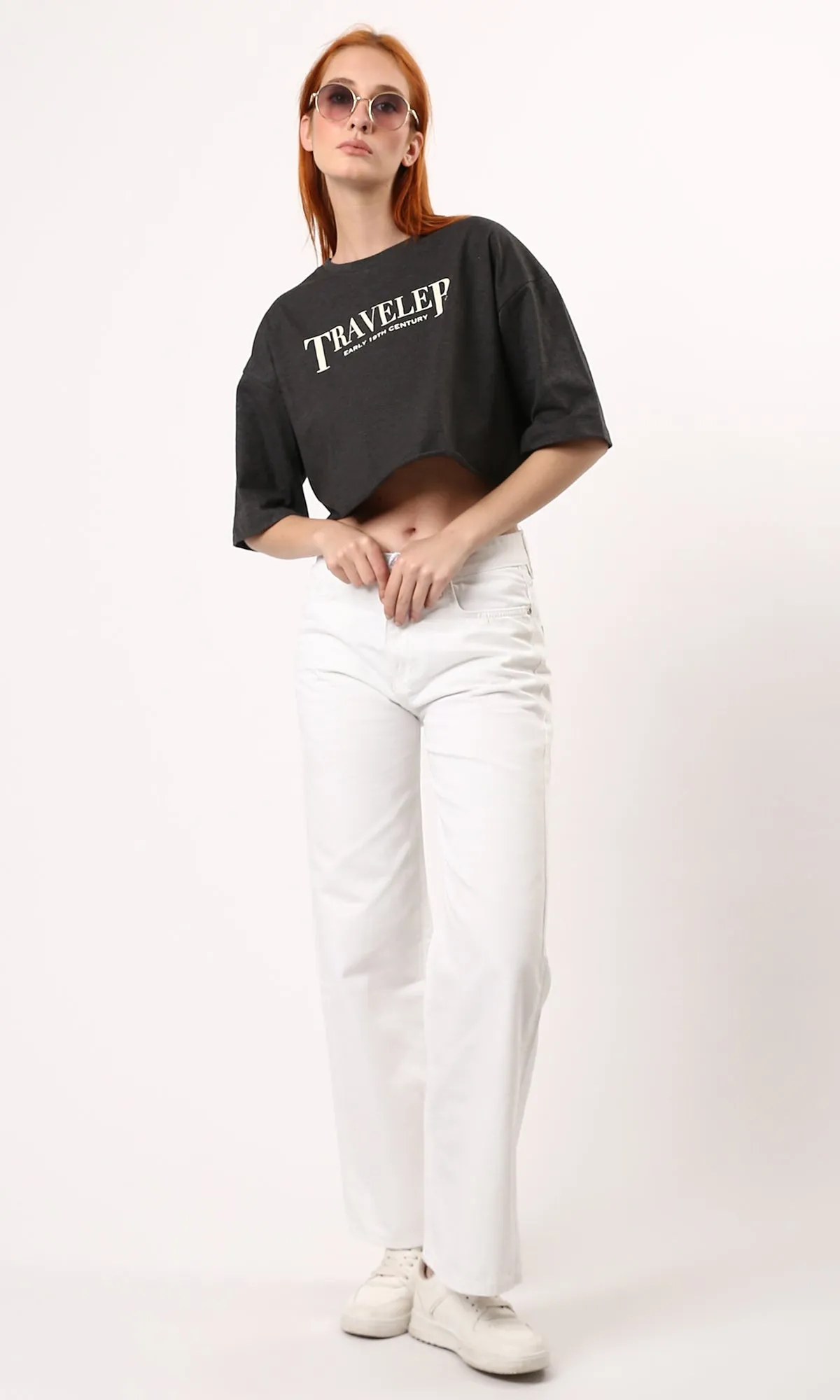 O183089 Elbow-Sleeves Dark Grey Tee With Front & Back Print