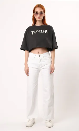 O183089 Elbow-Sleeves Dark Grey Tee With Front & Back Print