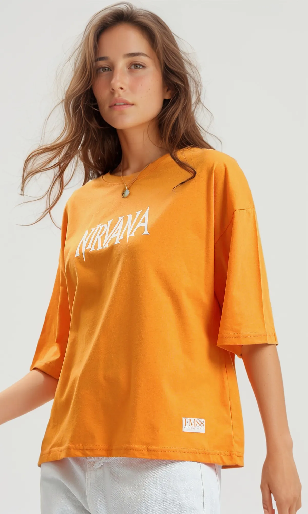 O189241 Elbow-Sleeves Summer Hot Orange Loose Tee