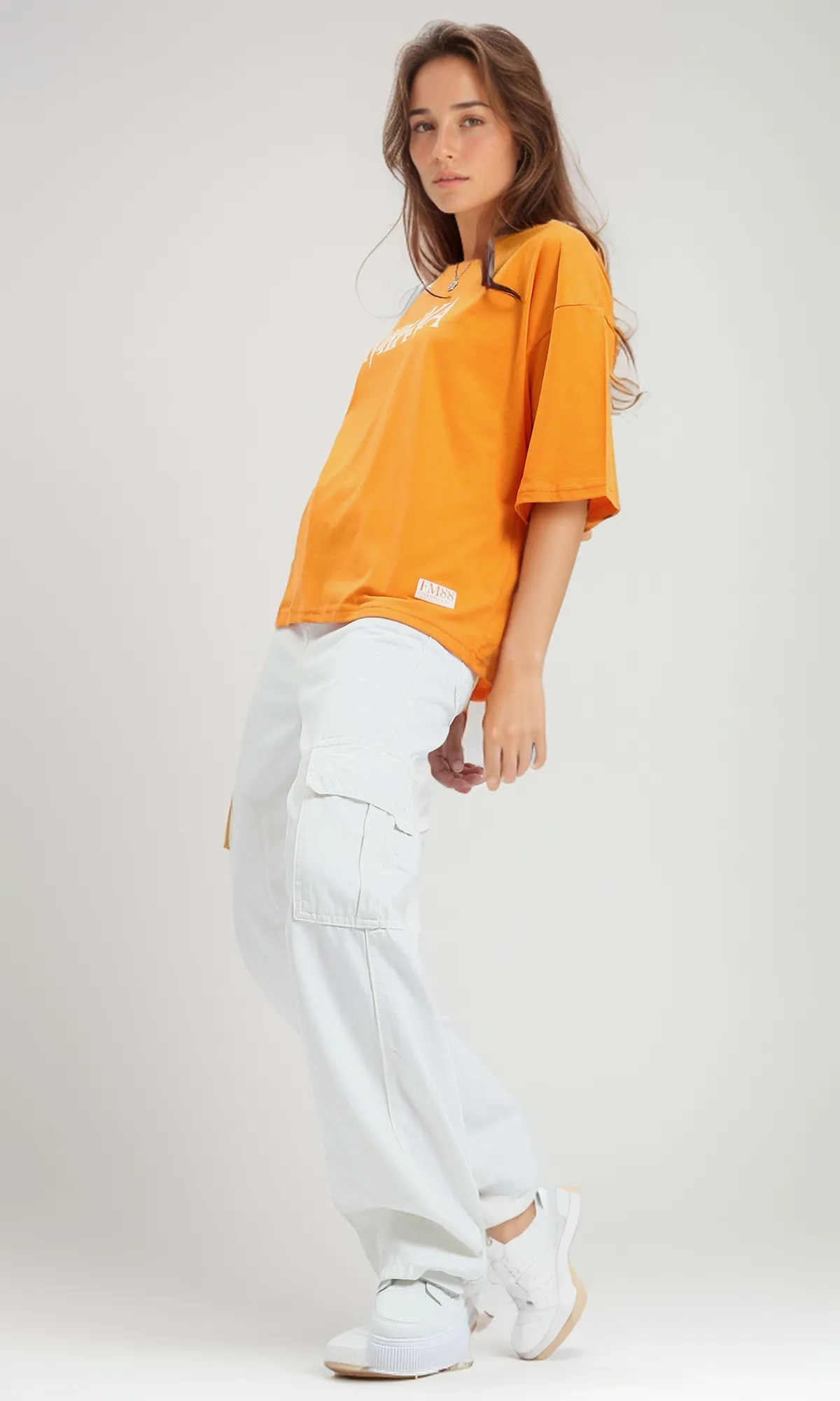 O189241 Elbow-Sleeves Summer Hot Orange Loose Tee