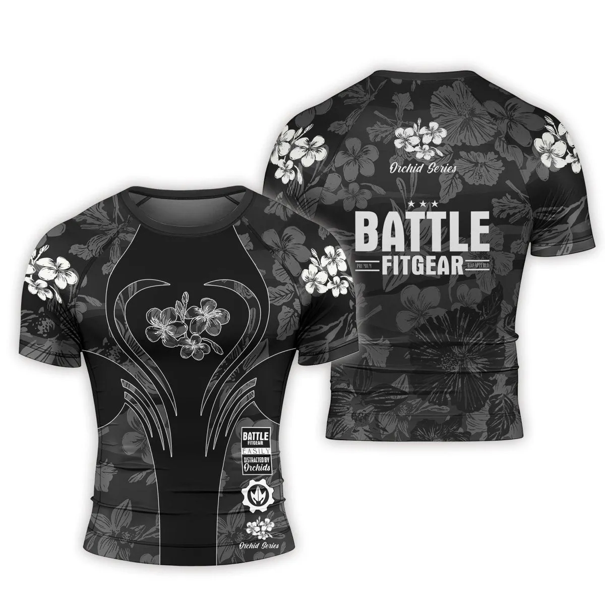 Orchid Series Floral Black Heart Pattern Men's Short Sleeve Rash Guard