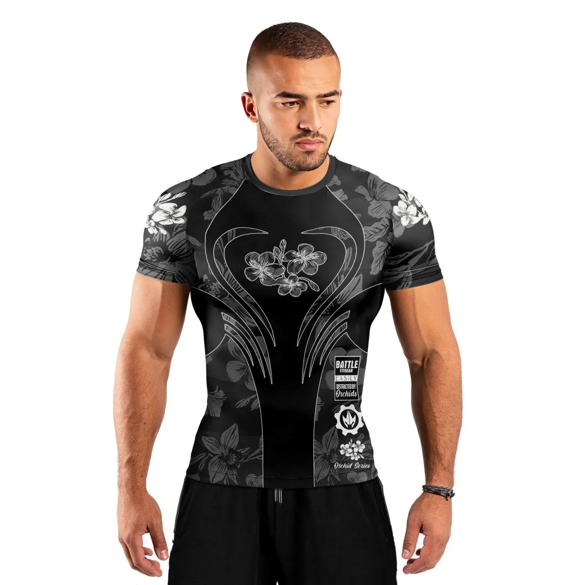 Orchid Series Floral Black Heart Pattern Men's Short Sleeve Rash Guard