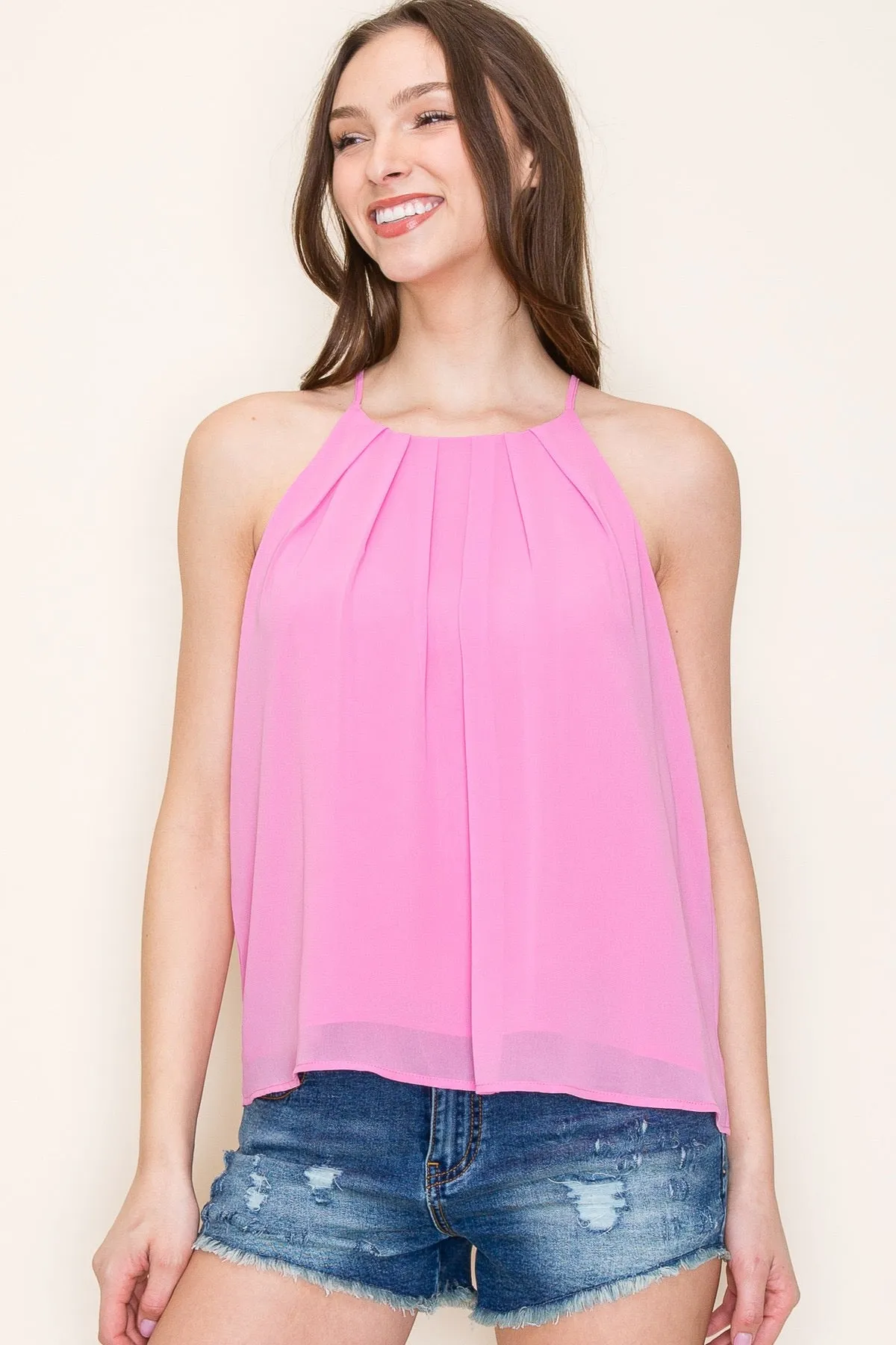Pintucked Chiffon Lined Tank Pink