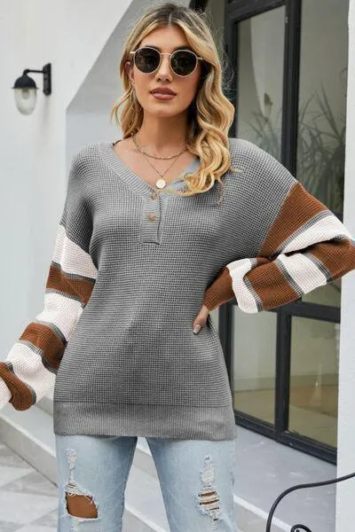 Relaxed V-Neck Striped Sleeve Sweater