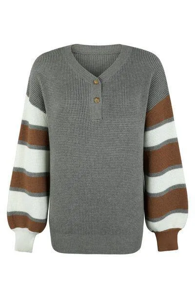 Relaxed V-Neck Striped Sleeve Sweater