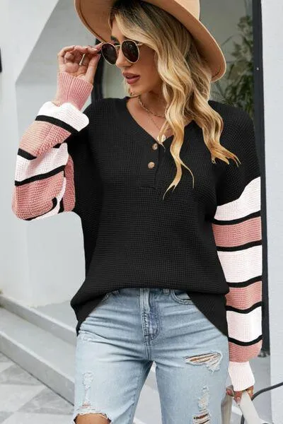 Relaxed V-Neck Striped Sleeve Sweater