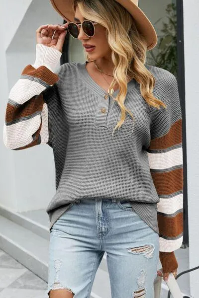 Relaxed V-Neck Striped Sleeve Sweater