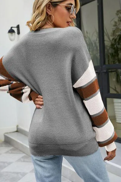Relaxed V-Neck Striped Sleeve Sweater