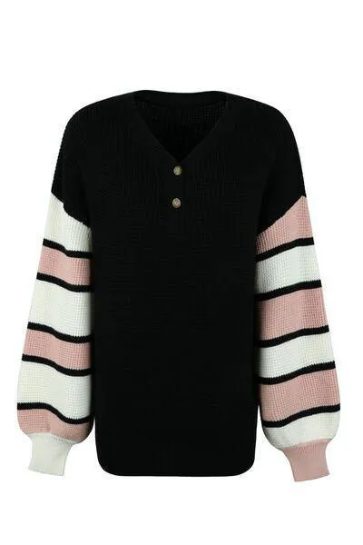 Relaxed V-Neck Striped Sleeve Sweater