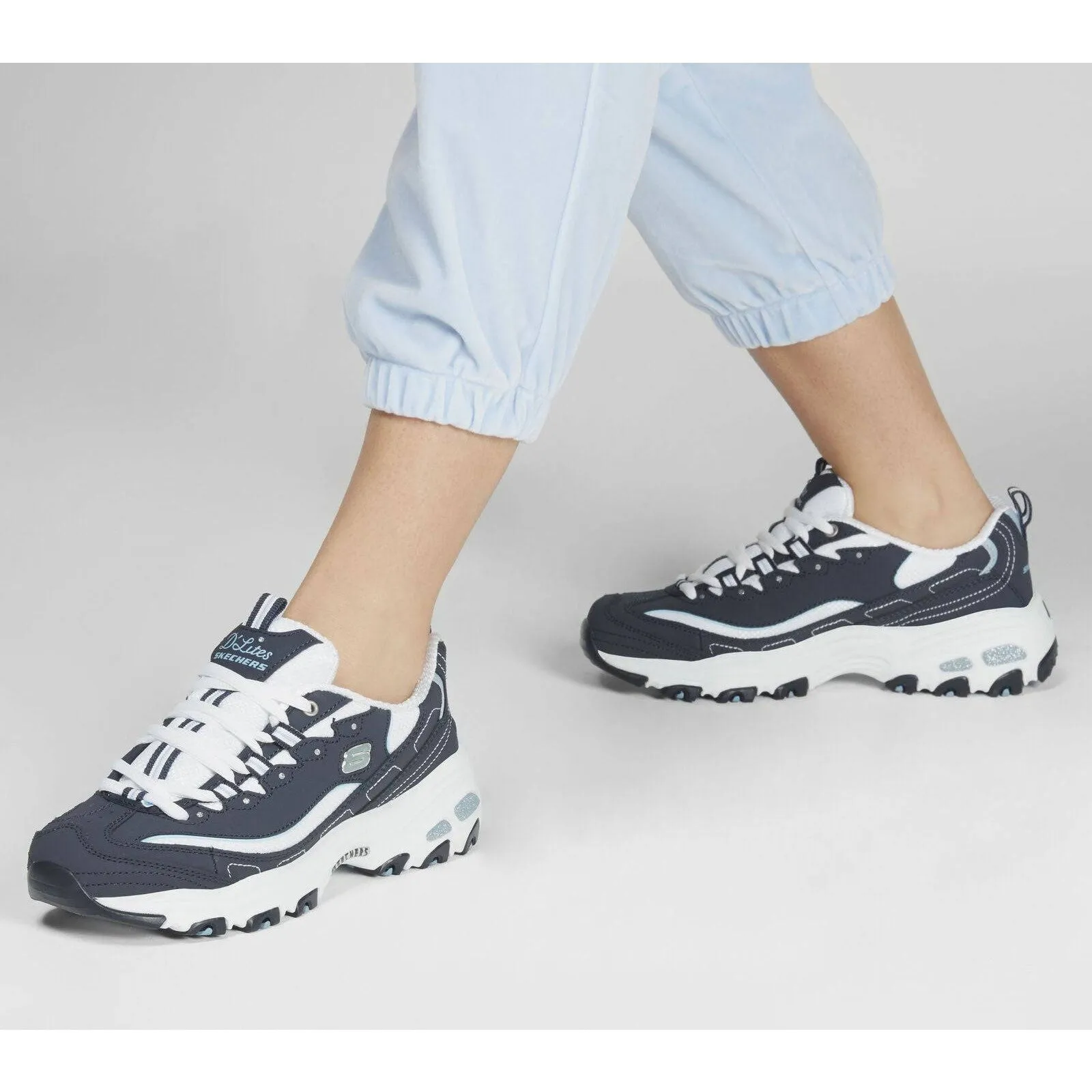 Skechers 11930 D'Lites Navy White Lace Up Platform Trainers