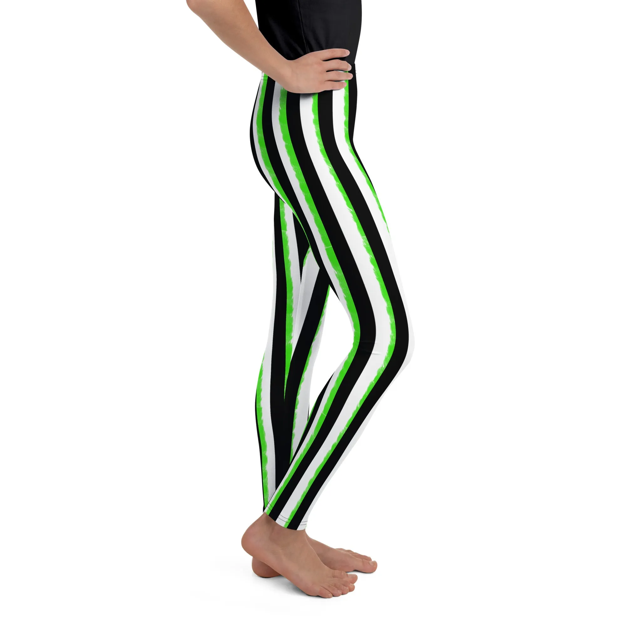 Striped Black and Green, Kids Youth Leggings