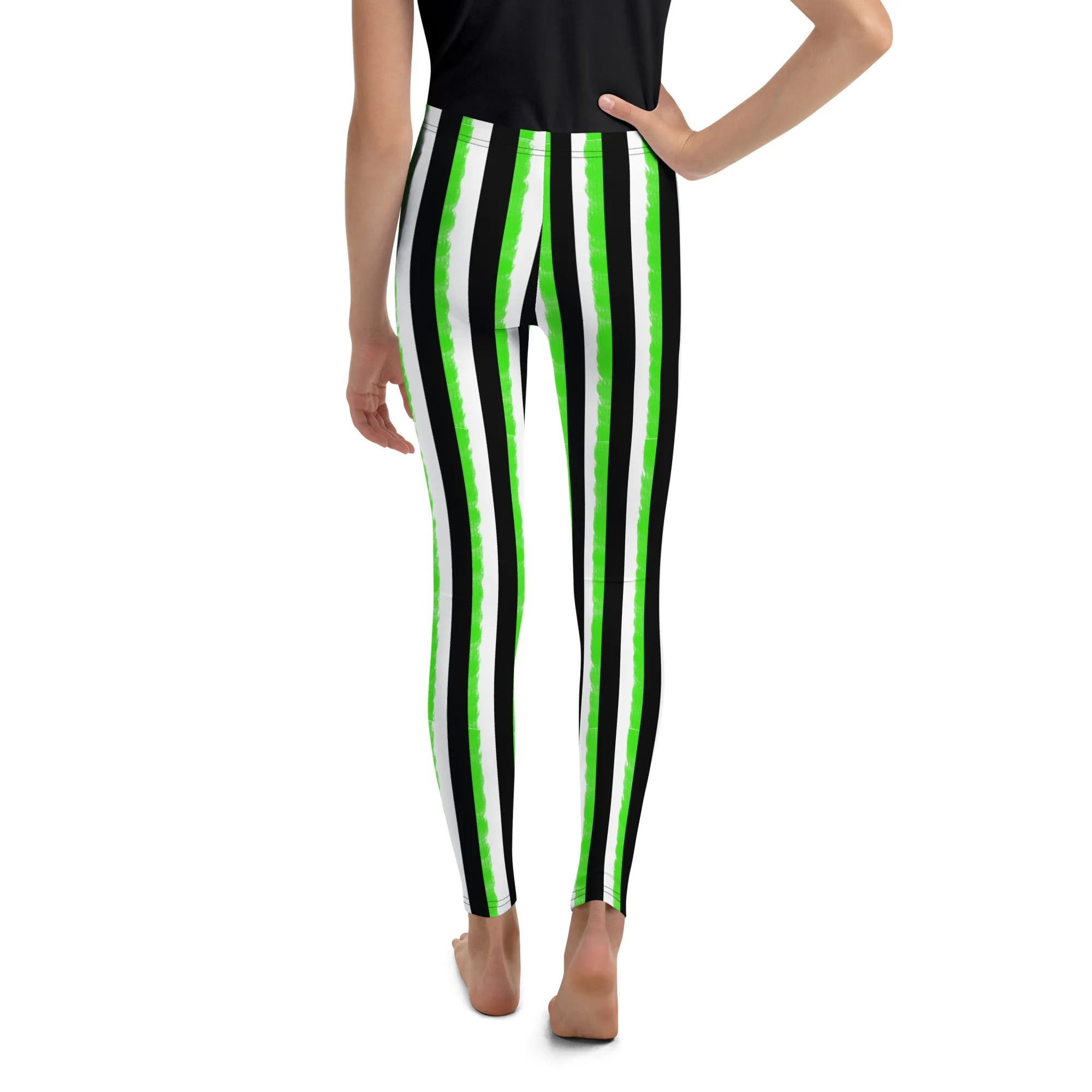 Striped Black and Green, Kids Youth Leggings