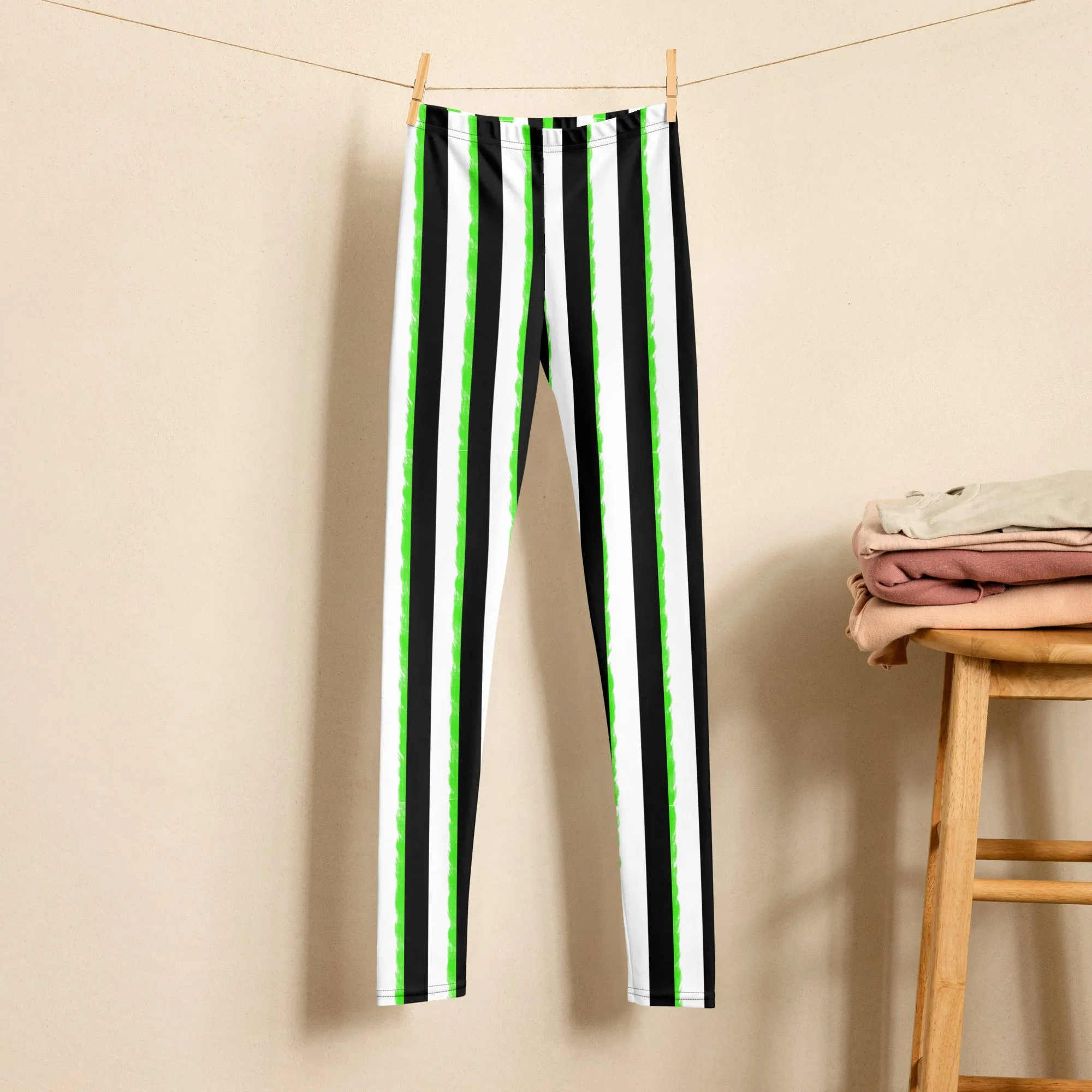 Striped Black and Green, Kids Youth Leggings