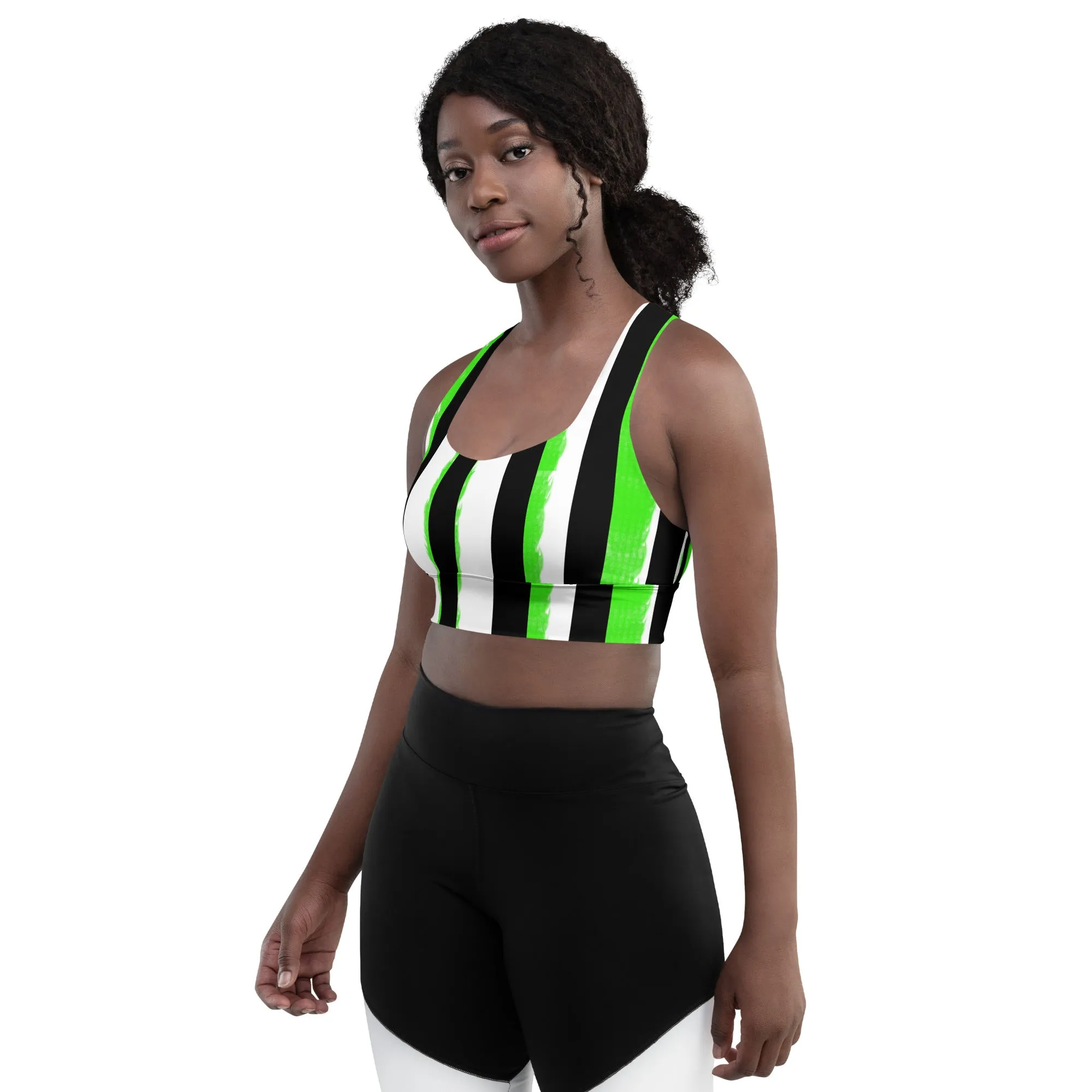 Striped Black and Green, Womens Longline Sports Bra