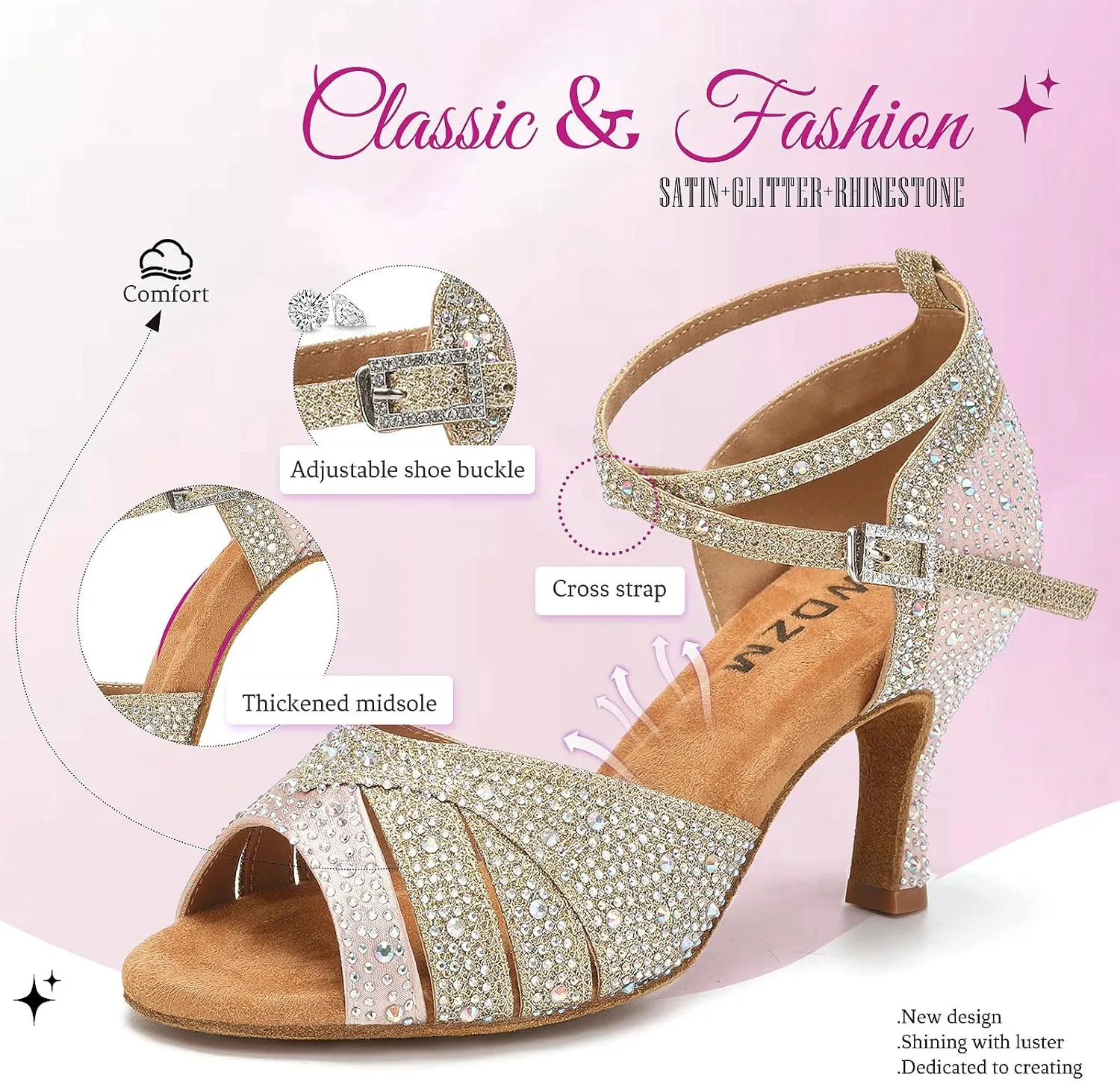 SWDZM Women Rhinestone Ballroom Dance Shoes Latin Salsa Performance Dancing Shoes